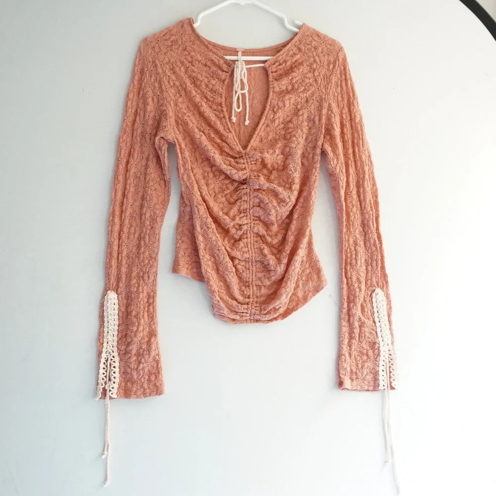 Free People Lace Ruched Top Blouse Long Sleeve Drawstring Peach Boho Bohemian‎ S